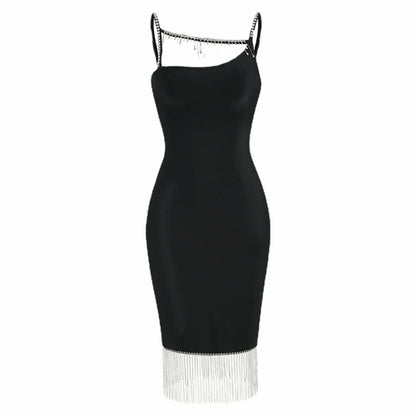 Elegant Black Chain-Embellished Bodycon Midi Dress